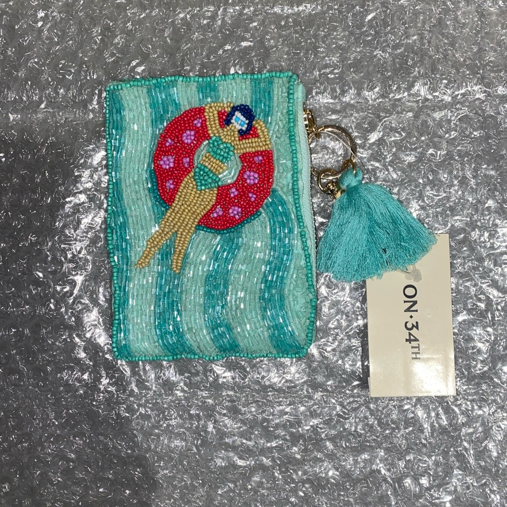 Glass Beaded Coin Purse With Key Chain & Tassel, Color: Pool Blue - Picture 3 of 6
